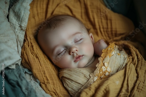 Sweet sleeping baby wrapped in soft fabric in a cozy setting during a calm af...