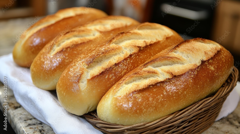 Freshly baked artisanal bread loaves displayed in a rustic basket on a marble countertop Freshly baked artisanal bread loaves displayed in a rustic basket on a marble countertop