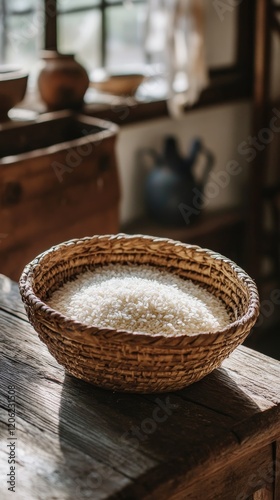 Rice in a woven basket displayed on a rustic wooden table in a traditional se...