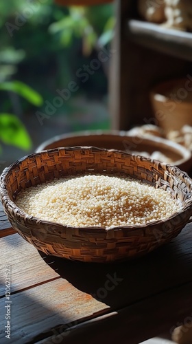 Rice in a woven basket displayed on a rustic wooden table in a traditional se...