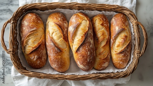 Freshly baked artisanal bread loaves displayed in a rustic basket on a marble...
