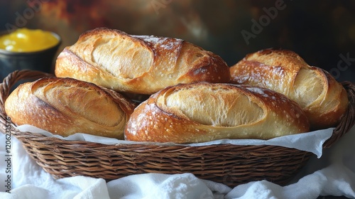 Freshly baked artisanal bread loaves displayed in a rustic basket on a marble...