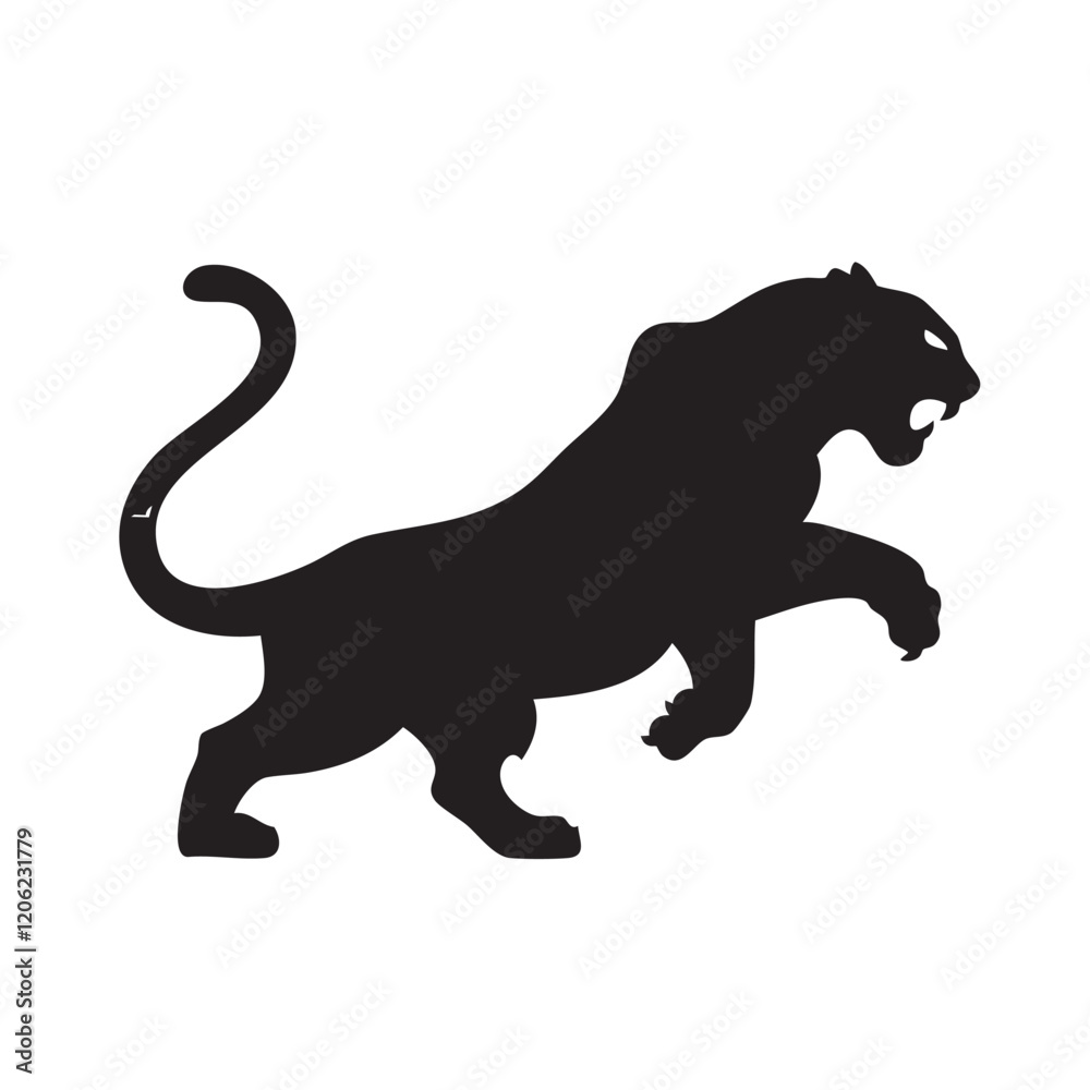 Obraz premium A flat silhouette of a tiger with its back arched in an aggressive posture, black silhouette on a white background.
