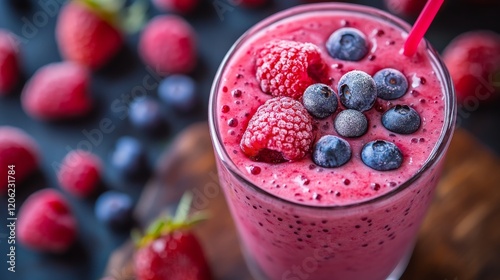 A frosty smoothie, blended with raspberries and blueberries, adorned with whole berries on top, embodies delightful refreshment and nutrient-rich deliciousness in a glass. photo