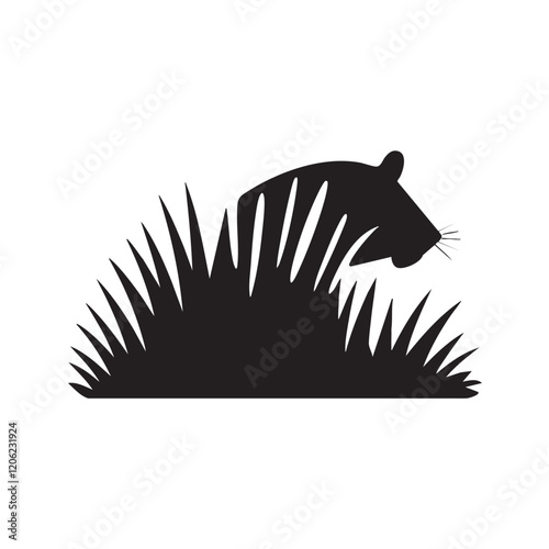 A flat silhouette of a tiger peeking out from behind a bush, with only part of its body showing, black silhouette on a white background.