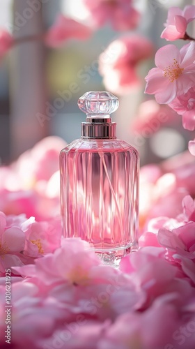 Elegant glass bottle with floral design and soft pink petals on a sunlit table