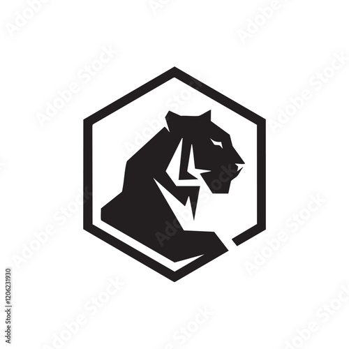 A flat silhouette of a tiger inside a hexagonal frame, giving it a modern logo feel, black silhouette on a white background.