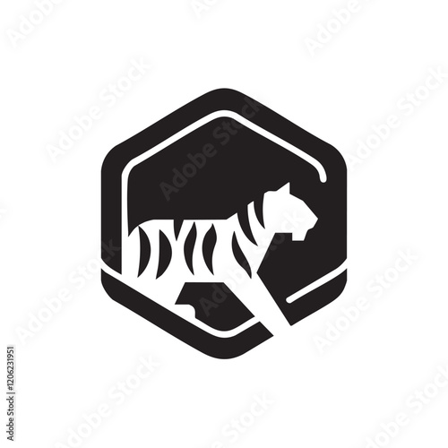 A flat silhouette of a tiger inside a hexagonal frame, giving it a modern logo feel, black silhouette on a white background.