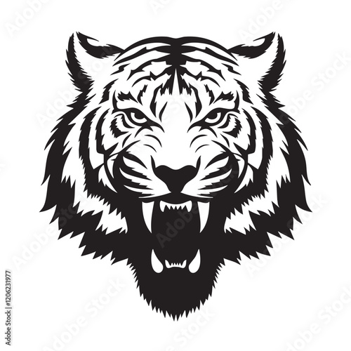 A flat silhouette of a tiger with a full mane and sharp teeth, ready to roar, black silhouette on a white background.