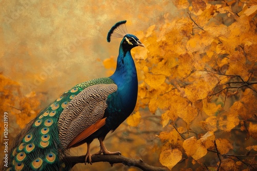 Peacock perched on a branch surrounded by vibrant autumn foliage in a tranqui...