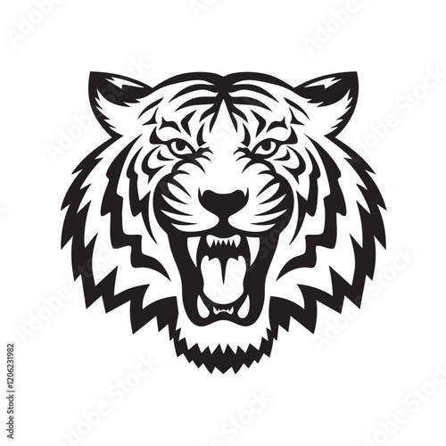 A flat silhouette of a tiger with a full mane and sharp teeth, ready to roar, black silhouette on a white background.