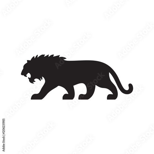 A flat silhouette of a tiger with a full mane and sharp teeth, ready to roar, black silhouette on a white background.