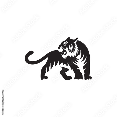 A flat silhouette of a tiger with a full mane and sharp teeth, ready to roar, black silhouette on a white background.