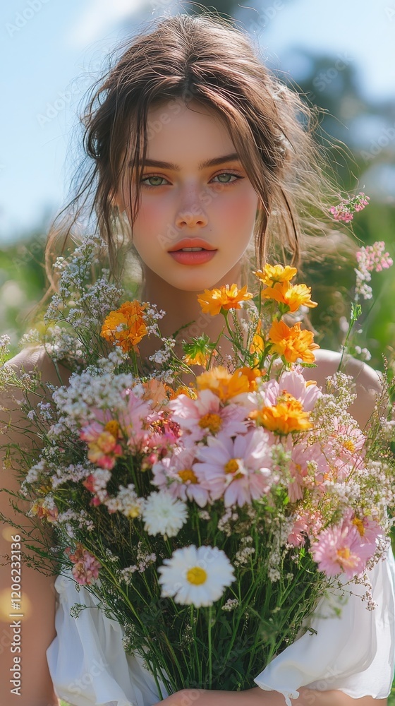 Naklejka premium Young woman holding a vibrant bouquet of wildflowers in a sunny meadow during spring