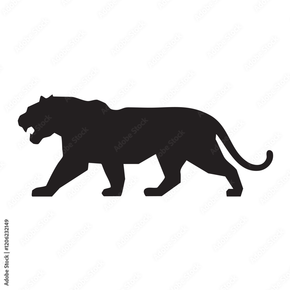 A flat silhouette of a tiger in mid-roar, with its body slightly arched and mane flared, black silhouette on a white background.