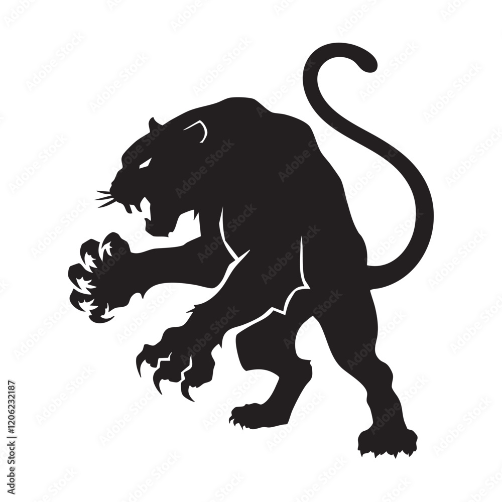 Obraz premium A flat silhouette of a tiger with its claws outstretched, in an aggressive stance, black silhouette on a white background.