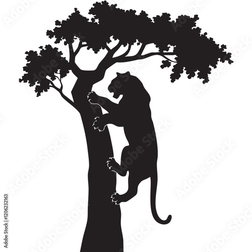 A flat silhouette of a tiger climbing a tree, with its paws gripping the trunk, black silhouette on a white background.