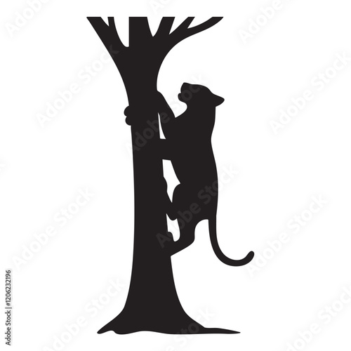 A flat silhouette of a tiger climbing a tree, with its paws gripping the trunk, black silhouette on a white background.