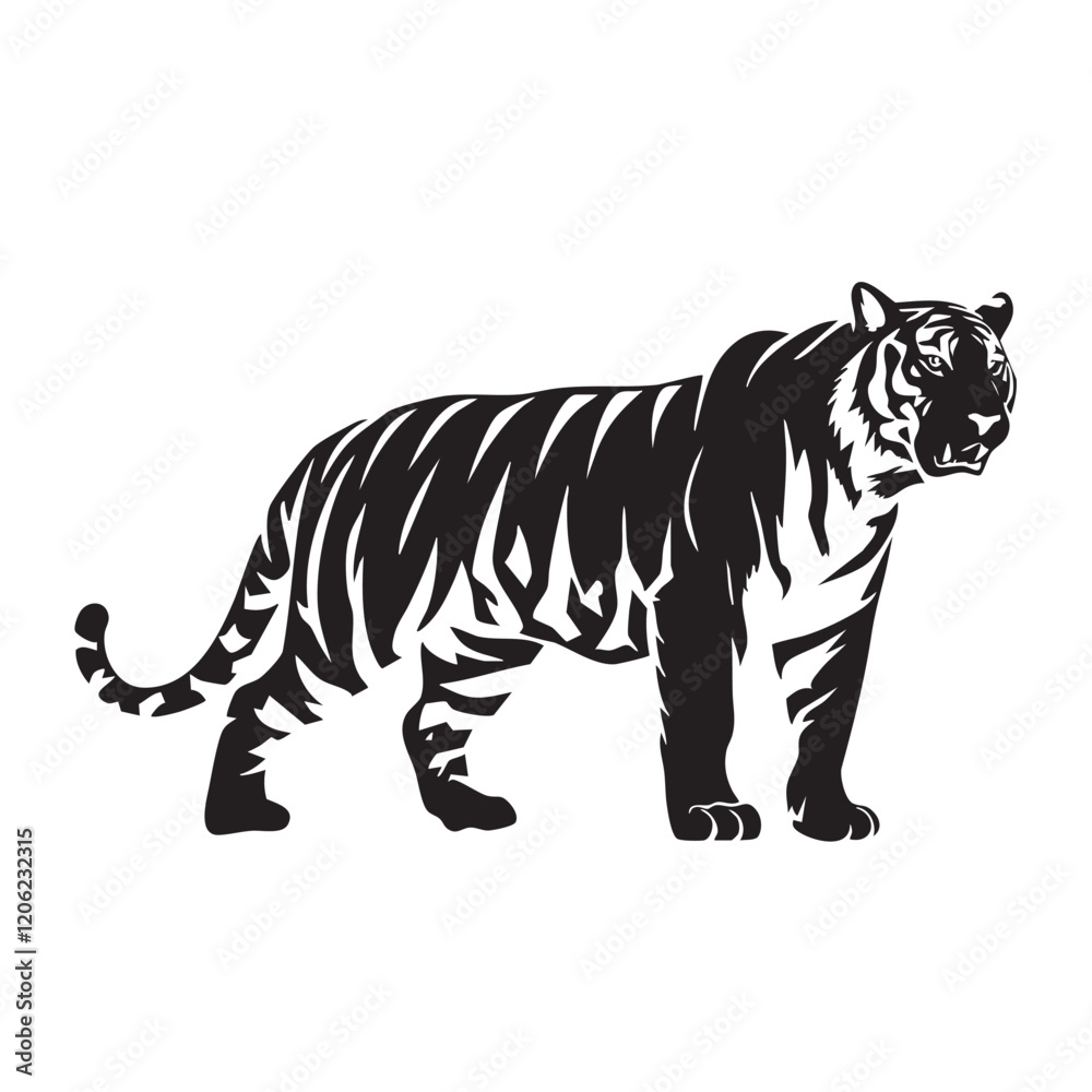 Naklejka premium A flat silhouette of a tiger standing upright, as if ready to defend itself, black silhouette on a white background.