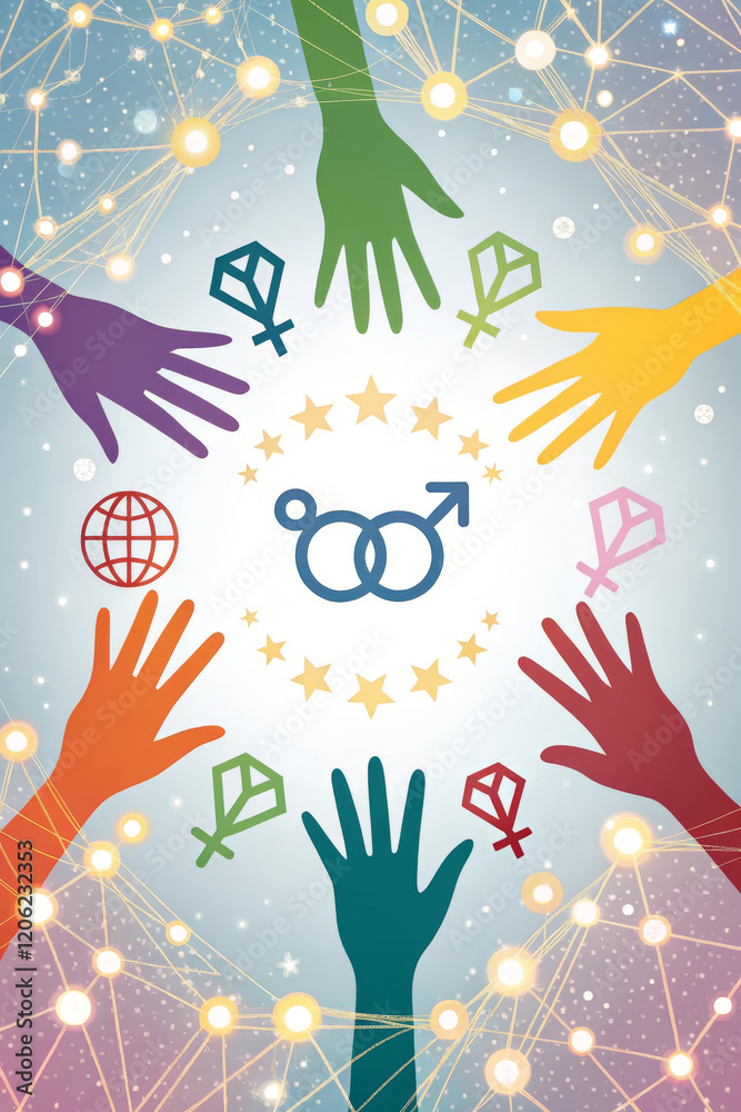 Multicolored Hands On A White Background With Equality Symbols, Promoting Unity And Inclusion, Suitable For Social Justice Campaigns And Human Rights Events Like International Equality Day. Multicolored Hands On A White Background With Equality Symbols, Promoting Unity And Inclusion, Suitable For Social Justice Campaigns And Human Rights Events Like International Equality Day.