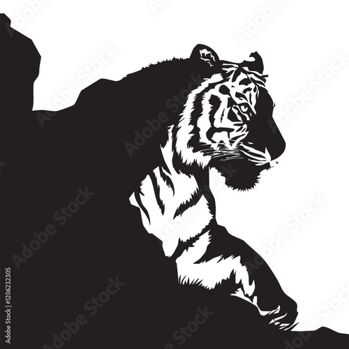 A flat silhouette of a tiger emerging from the shadows, with only part of its body visible, black silhouette on a white background.