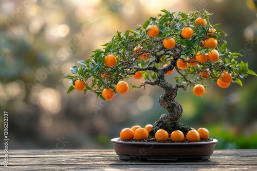 Bonsai tree with vibrant orange fruit displayed in a tranquil garden setting ...