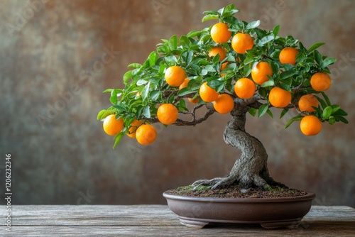 Bonsai tree with vibrant orange fruit displayed in a tranquil garden setting ...