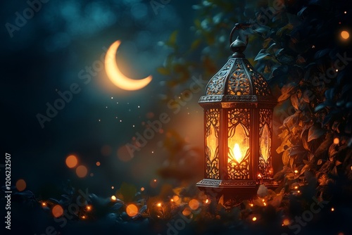 Lantern glowing softly under a crescent moon in a serene, dark garden setting