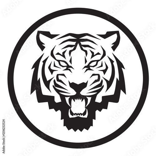 A flat silhouette of a tiger’s face inside a circular frame, emphasizing its fierce expression, black silhouette on a white background.