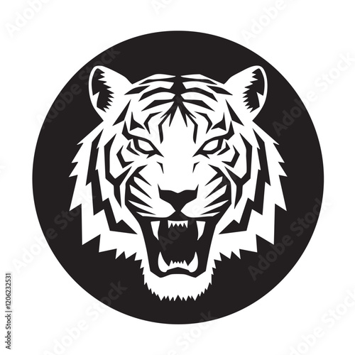 A flat silhouette of a tiger’s face inside a circular frame, emphasizing its fierce expression, black silhouette on a white background.
