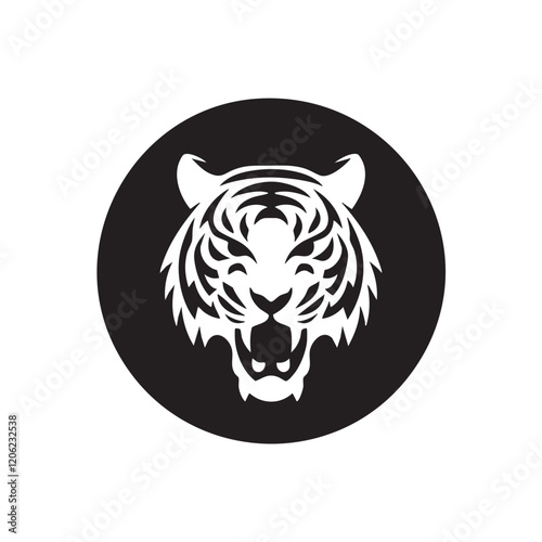 A flat silhouette of a tiger’s face inside a circular frame, emphasizing its fierce expression, black silhouette on a white background.