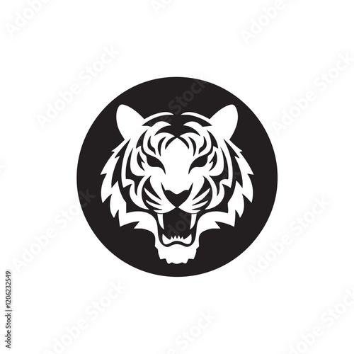 A flat silhouette of a tiger’s face inside a circular frame, emphasizing its fierce expression, black silhouette on a white background.