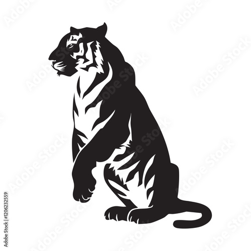 A flat silhouette of a tiger sitting on its hind legs, with its paws resting on the ground, black silhouette on a white background.