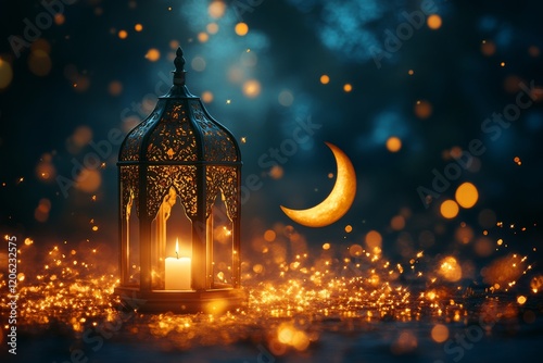 Lantern glowing softly under a crescent moon in a serene, dark garden setting
