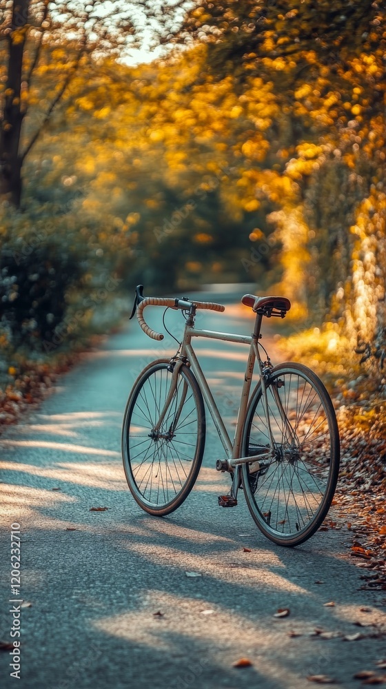 Fototapeta premium Bicycling on a tranquil autumn road surrounded by orange foliage and fallen leaves