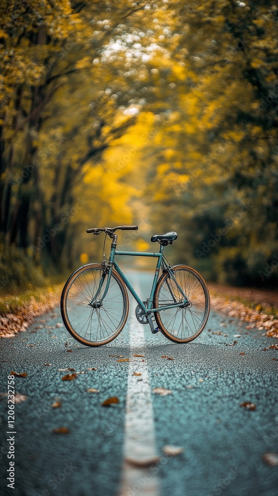 Fototapeta premium Bicycling on a tranquil autumn road surrounded by orange foliage and fallen leaves