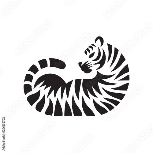 A flat silhouette of a tiger curled up in a resting position, with its tail wrapped around its body, black silhouette on a white background.