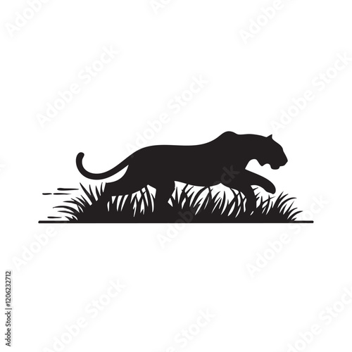 A flat silhouette of a tiger running through tall grass, with motion lines suggesting speed, black silhouette on a white background.