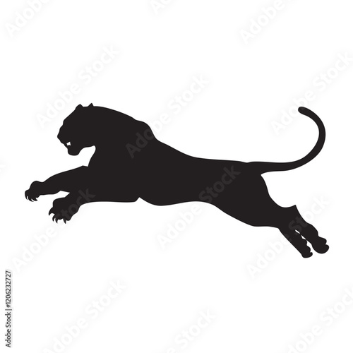 A flat silhouette of a tiger leaping mid-air, with claws extended and body stretched, black silhouette on a white background.