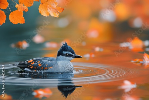 Black duck gliding on a tranquil lake surrounded by vibrant autumn foliage du...