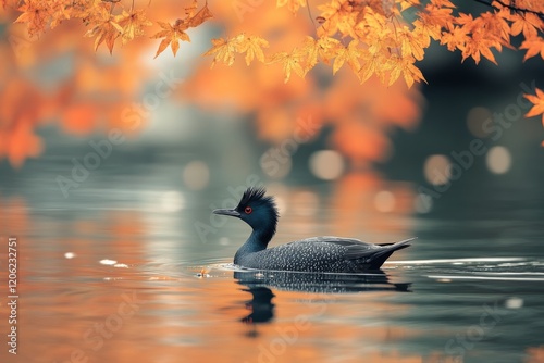 Black duck gliding on a tranquil lake surrounded by vibrant autumn foliage du...