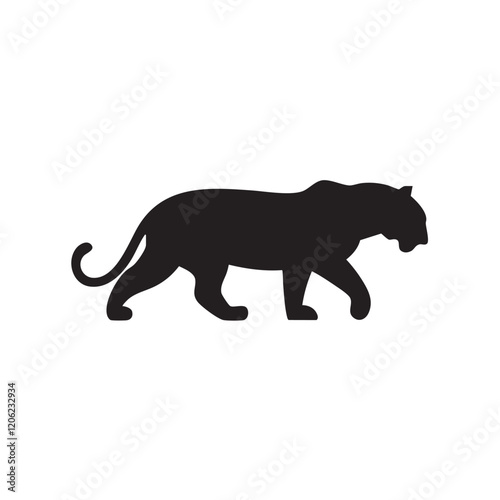 A flat silhouette of a tiger walking gracefully, with its tail curving behind, black silhouette on a white background.