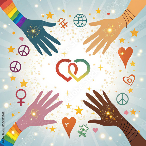 Multicolored Hands On A White Background With Equality Symbols, Promoting Unity And Inclusion, Suitable For Social Justice Campaigns And Human Rights Events Like International Equality Day. photo