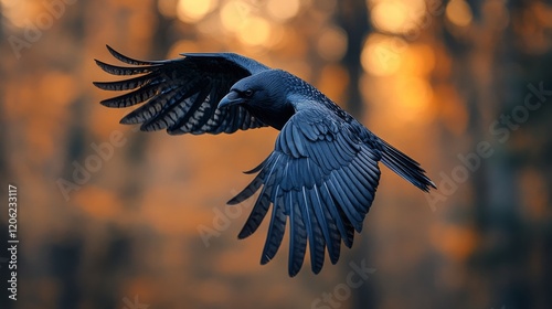 White pigeon gliding gracefully against a glowing sunset background in soft l...