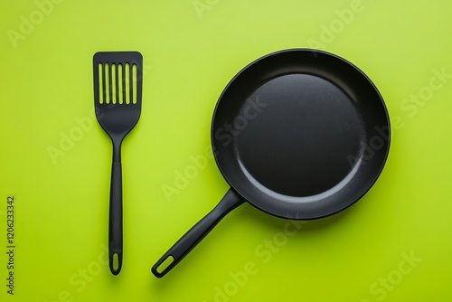 Black cooking utensils and frying pan on green background for kitchen prepara...