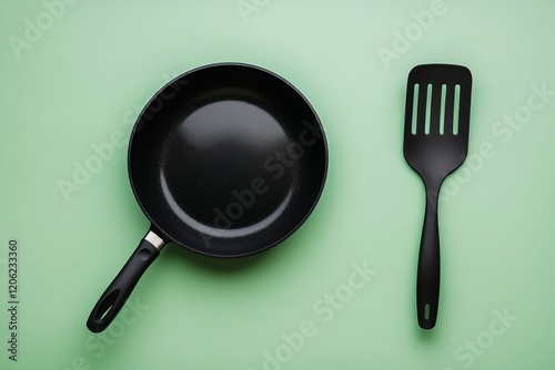 Black cooking utensils and frying pan on green background for kitchen prepara...