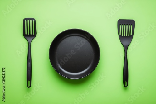 Black cooking utensils and frying pan on green background for kitchen prepara...