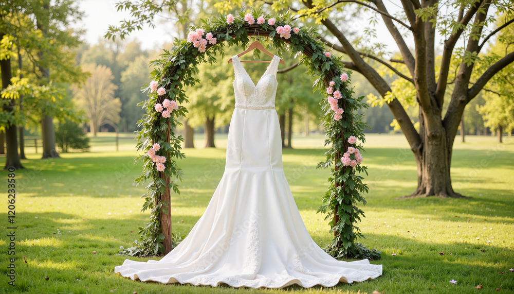 Flowing white wedding dress displayed against flower-covered arch in soft morning light Flowing white wedding dress displayed against flower-covered arch in soft morning light
