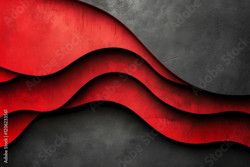 Waves of red and black texture create a striking modern design in an abstract...