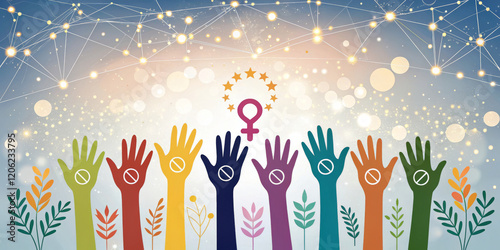 Multicolored Hands On A White Background With Equality Symbols, Promoting Unity And Inclusion, Suitable For Social Justice Campaigns And Human Rights Events Like International Equality Day. photo